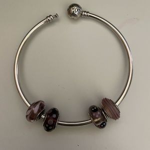 Pandora Bangle Bracelet w/ 4 Pink Pandora Charms